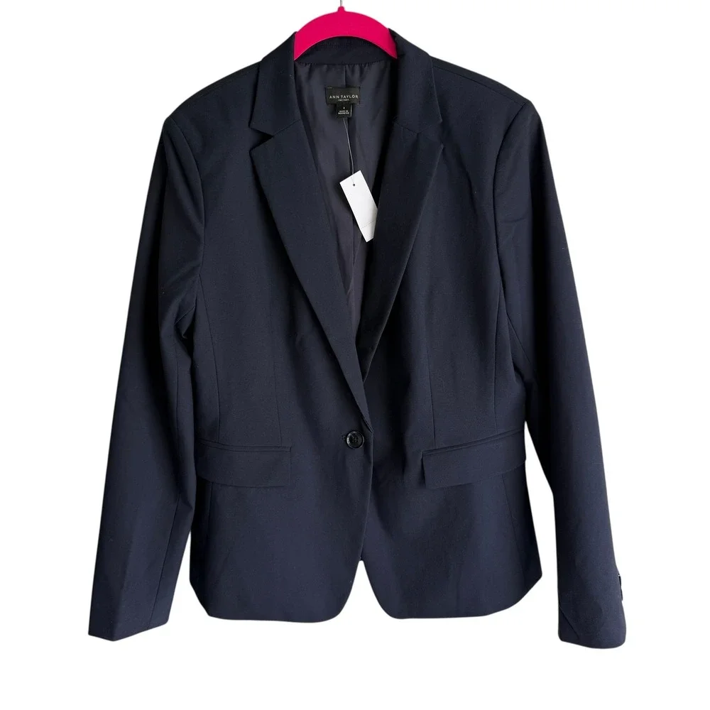 NWT ANN TAYLOR Factory Navy One Button Ladies Blazer, 8
